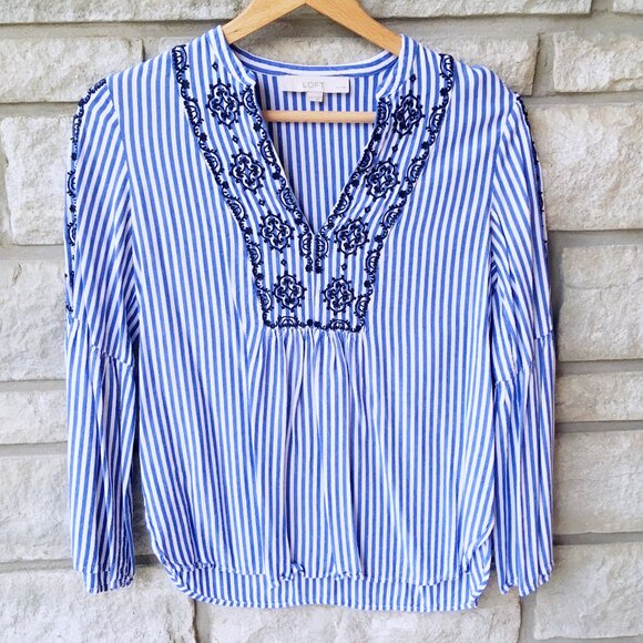 Loft Blue and White Pinstripe Flounce Sleeve Blouse - Picture 2 of 7